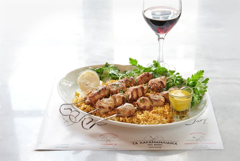 Veal shish kebap, roasted, with bulgur, yoghurt sauce, mustard sauce. A main course at Karamanlidika Food-Artistry restaurant, on 119 Ermou str., in Athens.